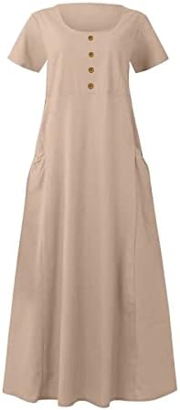 Ljetna pamučna posteljina haljina ženska dugačka haljina casual gumba posada vrata sa drežom kratkih rukava sa džepom