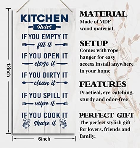 Kuhinjski znak Drvo, kuhinja pravila, viseći viseći drveni plak, zidni dekor seoskih kuća, viseći rustikalni kuhinjski znak, zajednička