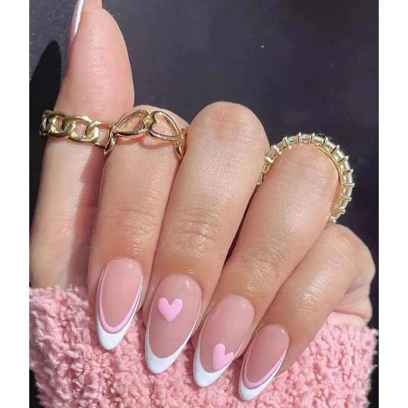 Pritisnite na nokte dugi lažni nokti akril francuski Pink Heart badem Pink Line White Edge izvrstan Luksuzni dizajn modni ukras za