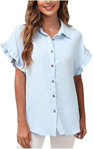 Ženske ljetne majice kratke rukave sa volanima krep rever labavi kroj Tops dugme dolje jednobojna Dressy bluza