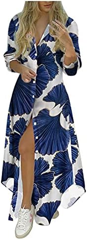 Fragarn Boho Maxi haljine za žene 2022 Proljeće ljeto Dugme s dugim rukavima dolje Split haljina Trendy Graphic Casual Swing haljina