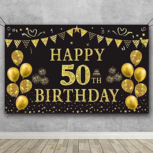 Trgowaul 50. rođendan set: uključuje banner za rođendan od crnog zlata 5,9 x 3,6 fts, crno zlato sretan 50. rođendan akrilni stol