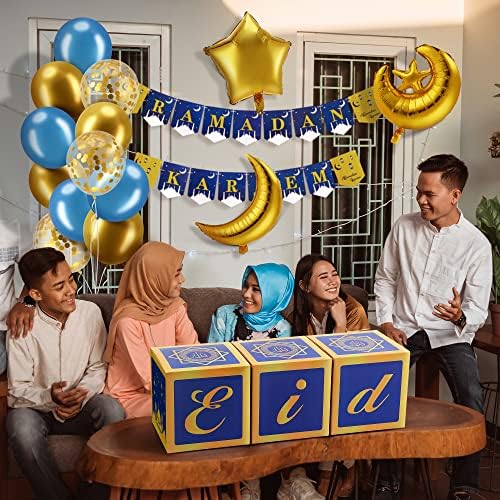 Chitidr Eid Ramadan ukras kutije sa balonima, 3 kom ljubičasto plave papirne kutije sa Star Moon Balloon za EID Mubarak Ramadan dekorativni