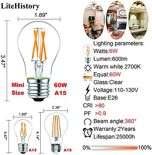 LiteHistory zatamnjiva E26 LED sijalica 6W jednaka 60 W Vintage LED Edison sijalica AC120V 2700K A15 LED sijalica za plafonske ventilatorske sijalice,sijalica uređaja i sijalica u frižideru 600lm prozirna Srednja 6Pack