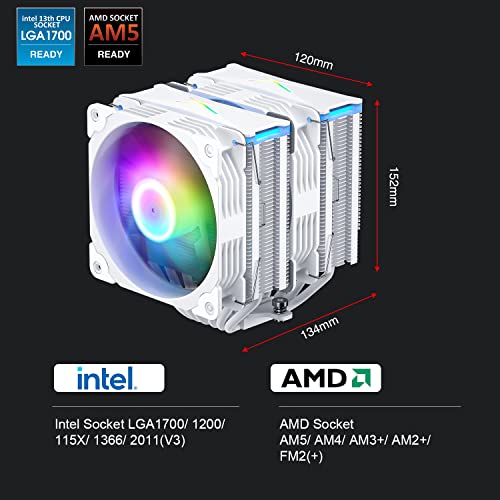 Vetroo U6 bijeli Dual Tower CPU Cooler-220W TDP, 6 Heatpipes, Top ARGB rasvjeta, 120mm ARGB & PWM Fan - kompatibilan sa Intel LGA