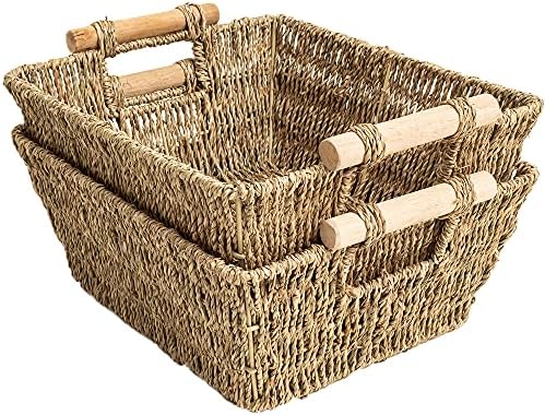 Ručno radno pletene košare, 2-pakovanje, morska trava košare za organiziranje i sortiranje, toaletni papir Košarica s drvenim ručkama,