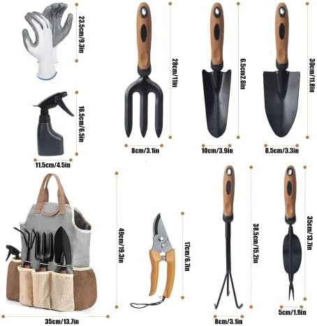 Set baštenskih alata, 9 kom baštenski alati od nerđajućeg čelika sa kultivatorom za plišane gleterice za prskanje rukavice Organizator