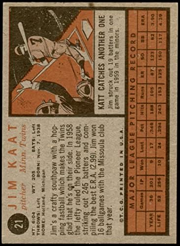 1962 TOPPS 21 Jim Kaat Minnesota Twins VG / EX + Blizanci