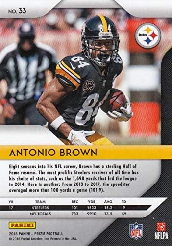 2018 Panini Prizm Fudbal 33 Antonio Brown Pittsburgh Steelers Službena NFL trgovačka kartica