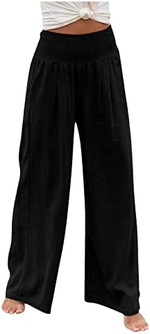 UQRzau ženske hlače Ležerne prilike sa otvorenim strukom modne remenske struke pamučne posteljine široke noge duge pantalone sa džepovima
