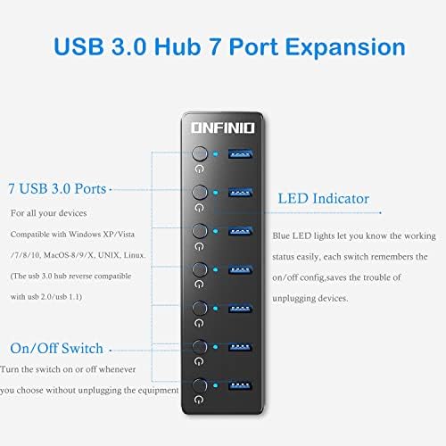 ONFINIO USB Hub, 7 Port USB Hub 3.0 sa 3.3 ft USB kablom višestruki Port sa pojedinačnim Led On/Off prekidačima USB razdjelnik za