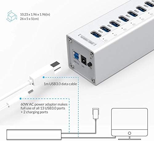 n / A aluminijumski 13 Port Multi USB3.0 Hub razdjelnik sa 12v/5A nezavisnim napajanjem 2 Priključak za punjenje