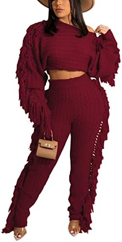 Džemper setovi za žene pletene tassele 2 komada odjeća od čvrstih dugih rukava sjedeni džemperi i hlače