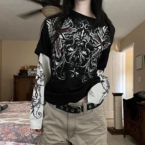 Y2K bajka Grunge pulover grafički grafički print dugih rukava Thirts Vintage okrugli vrat Punk tee e-girl Streetwear