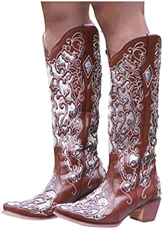Kaubojske čizme za žene, čizme Chunky Western kauboj vezene čizme na petu koljena niske rivestone visoke bedro visoke čizme