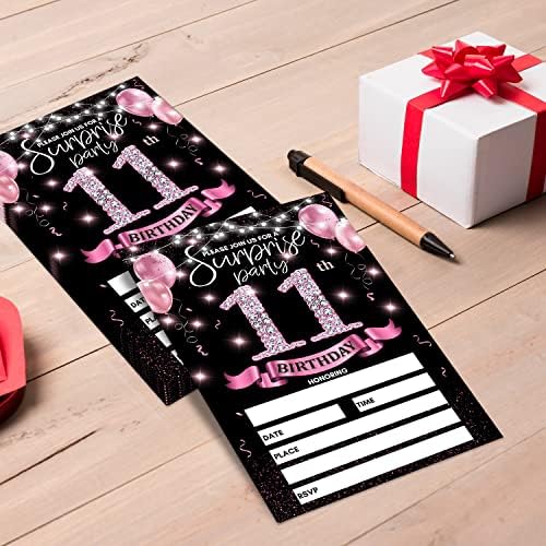 11. rođendanska pozivnica - Rose Gold poziva s tiskanjem za rođendan na stražnjoj dvostranoj pozivi - 20 kartica sa kovertama za zabavne favoriste - Srpink-A01