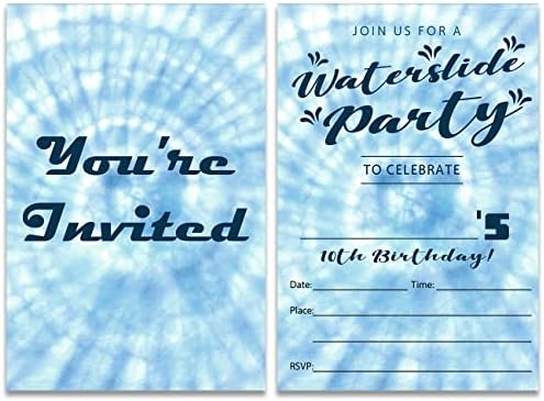 Tie Dye Waterslide 10. rođendana Pozivnici za punjenje 20 sa kovertama Vodeni slajd 10-godišnjak Poziv kartice, dvostrano