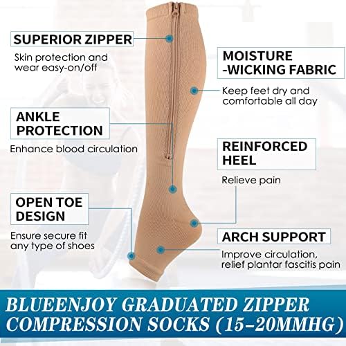 BLUEJOY kompresijske čarape sa patentnim zatvaračem - 2 Para 15-20mmhg otvorene kompresijske čarape bez prstiju za žene i muškarce