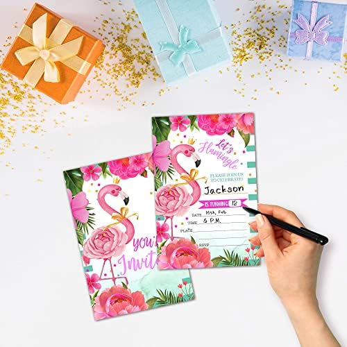 Pozivnice za rođendan Flamingele, Flamingo & Palm ostavlja dvostranu pozivnicu za zabavu za tinejdžerske dječake i pribor za slabljenje