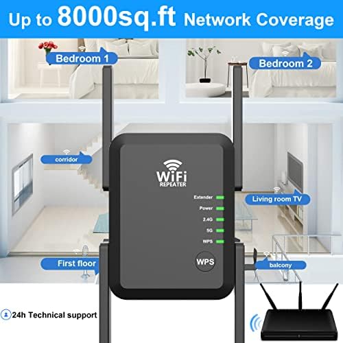 WiFi Extender pojačivač signala pokrivenost velikog dometa na 8000sq.ft i 45 + uređaji, WiFi 2.4 & amp;5GHz Dual Band WPS WiFi Signal